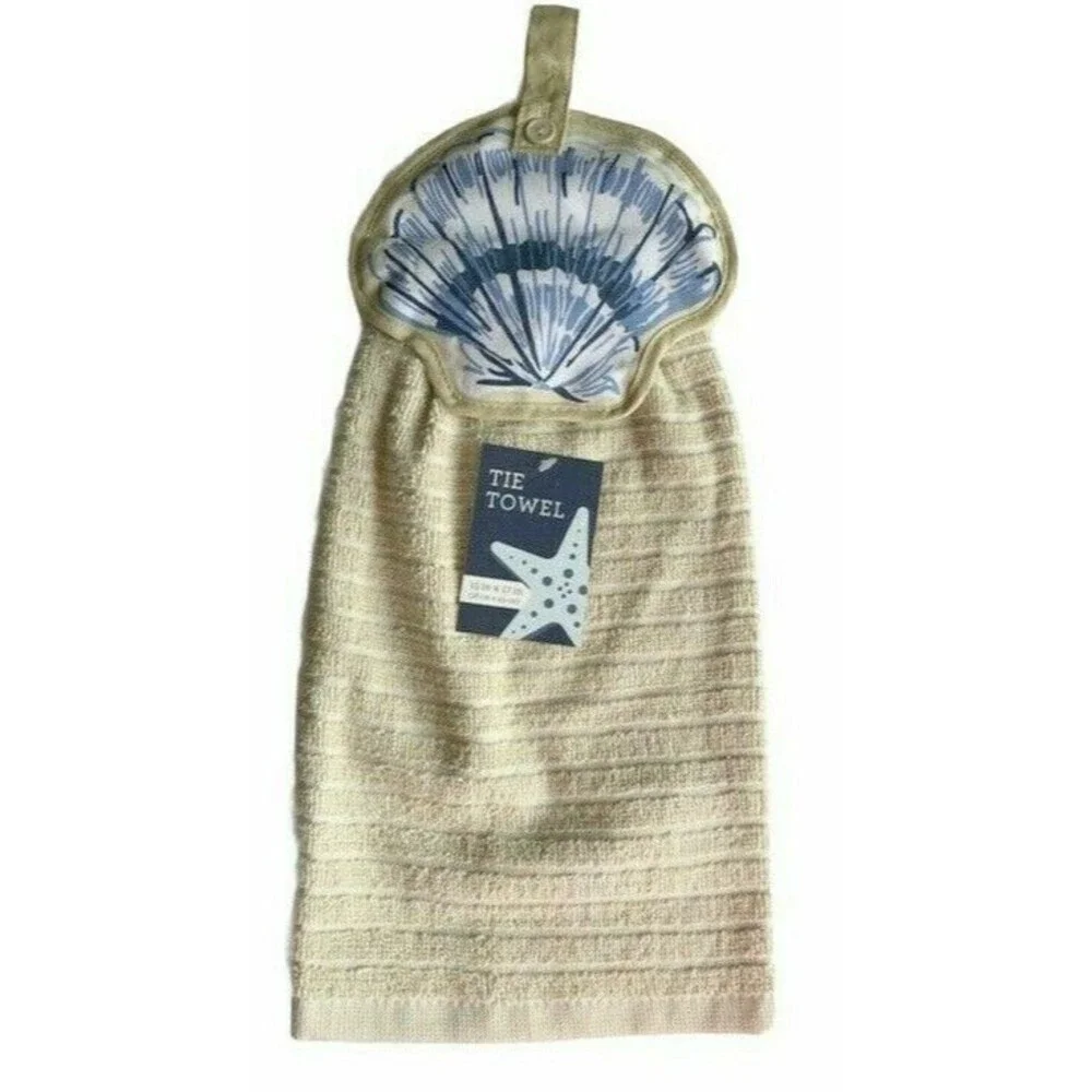 Shell Hanging Kitchen Dish Towel Set Of 2 Button Tie Beige Summer Beach House